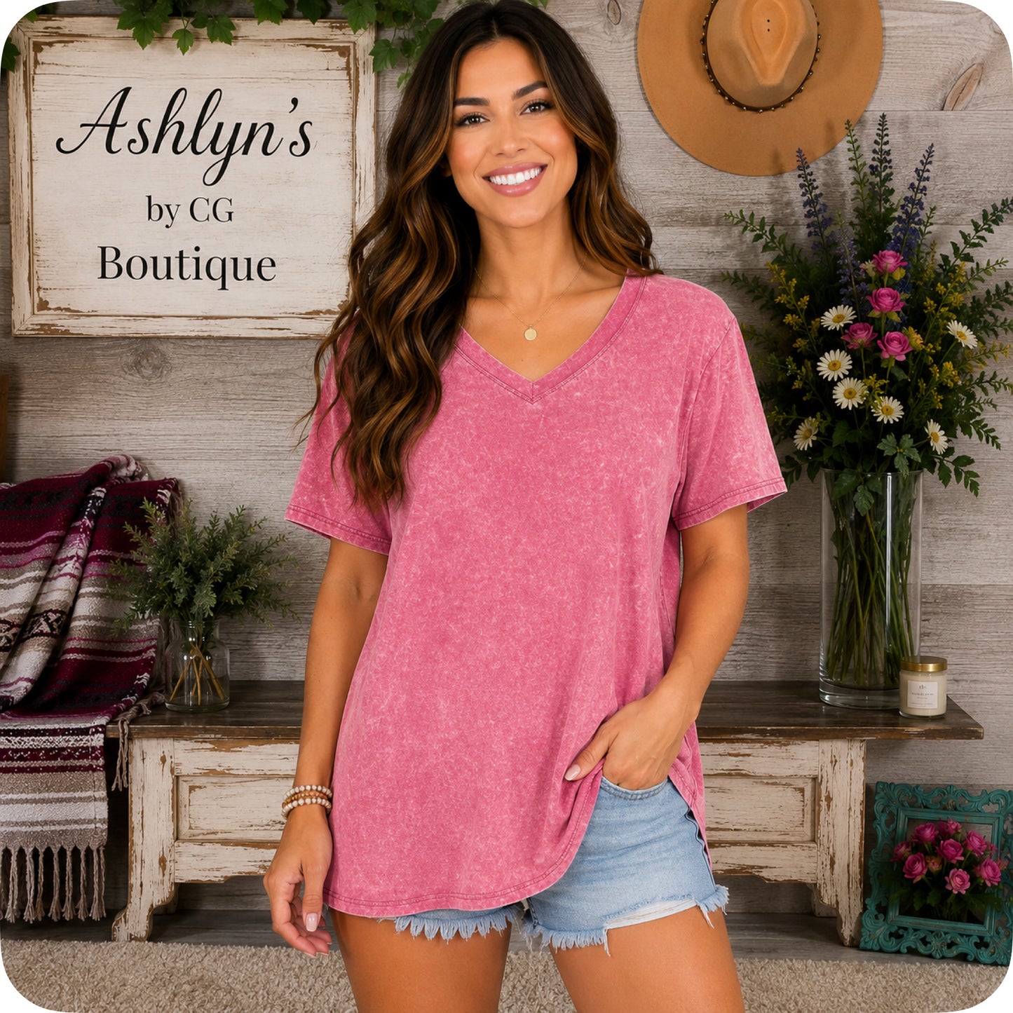 ZENANA Washed Classic V Neck Short Sleeve Tunic Top