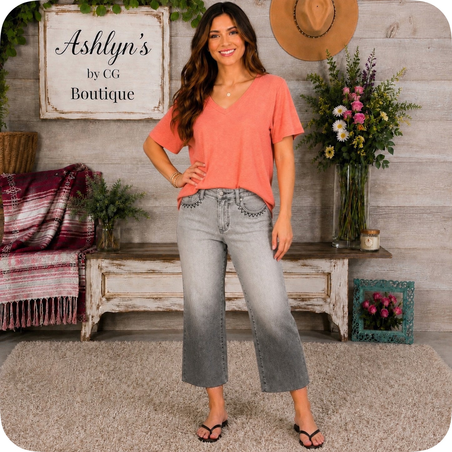 JUDY BLUE High Waist Vintage Grey Wash Front Pocket Embroidery Crop Wide Leg Capris