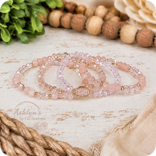 Casually Classy 4pc Pink Druzy and Natural Stone Mix Stretch Stackable Bracelet Set-Accessories
