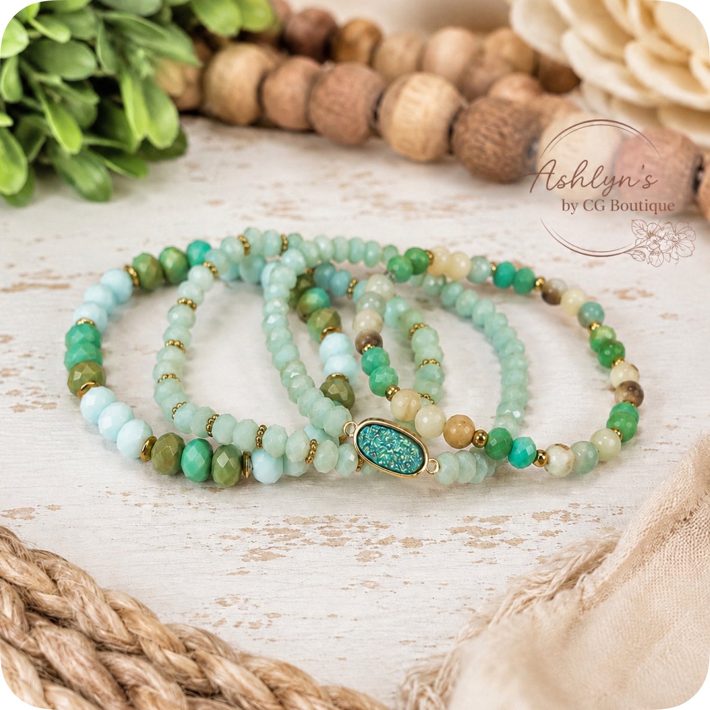 Casually Classy 4pc Mint Druzy and Natural Stone Mix Stretch Stackable Bracelet Set-Accessories