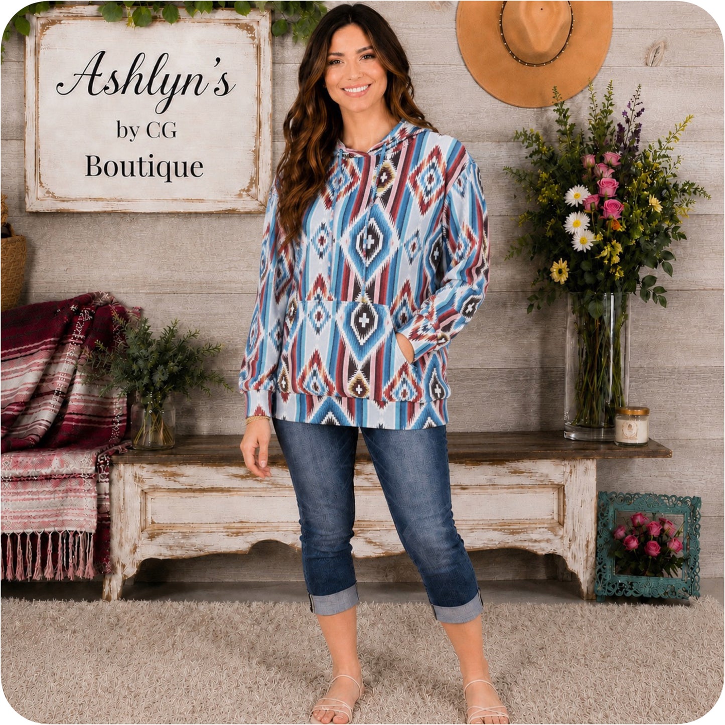 Aztec Turquoise Grey Mix Kangaroo Pocket Hooded Top-Hoodie