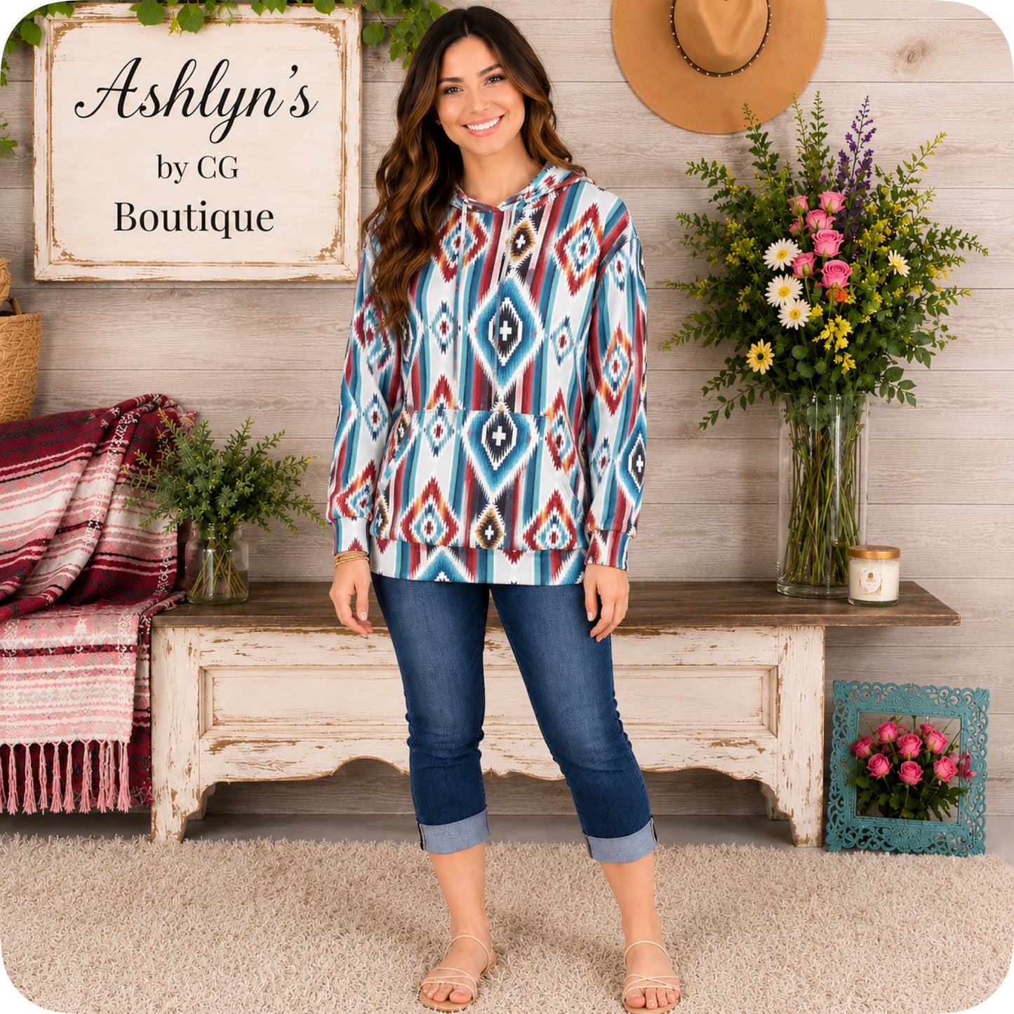Aztec Turquoise Grey Mix Kangaroo Pocket Hooded Top-Hoodie