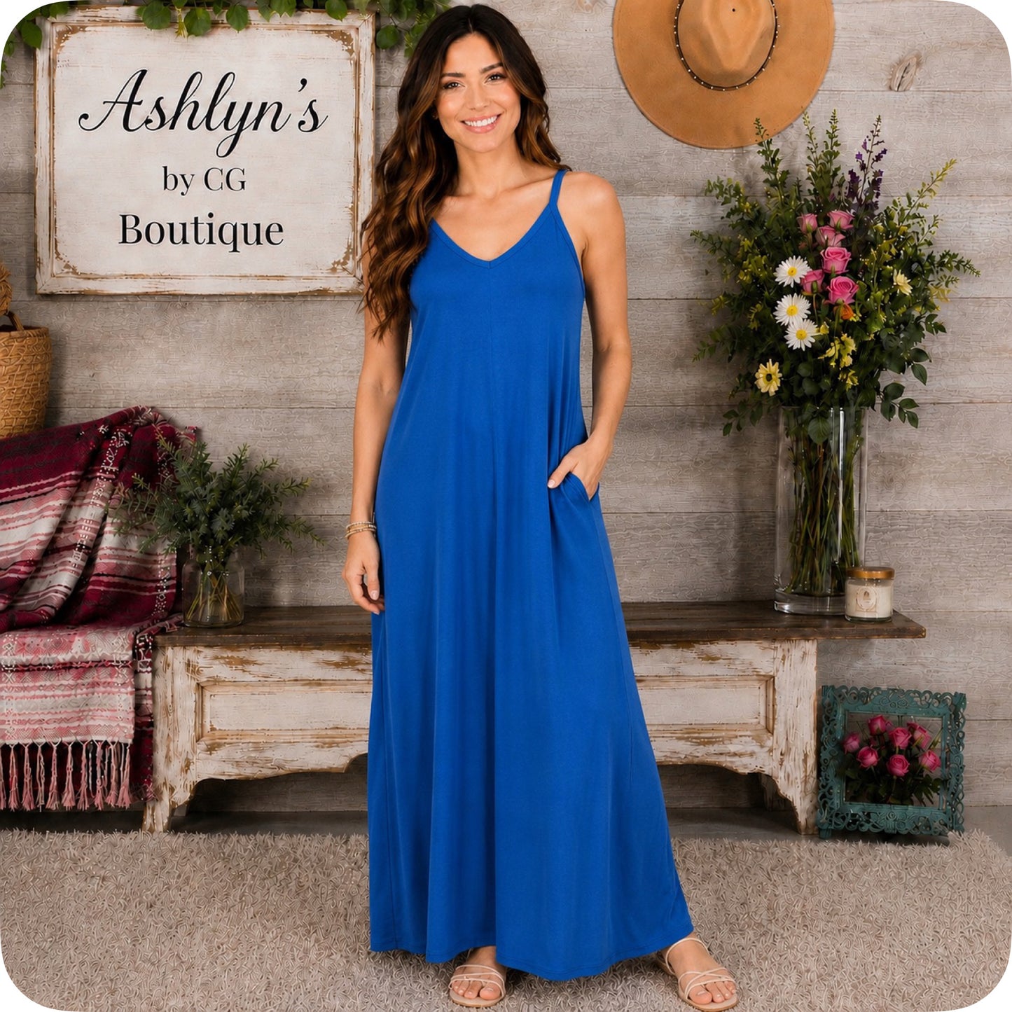 Casually Classy ZENANA Ocean Blue V Neck Cami Maxi Dress