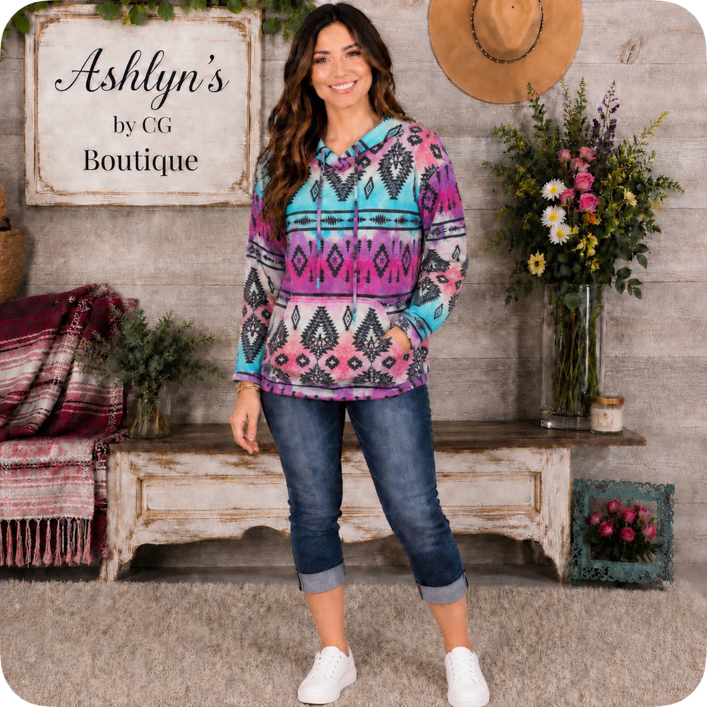 Fall Approved Jade/Magenta Aztec Print French Terry Kangaroo Pocket Hoodie-Hooded Sweater Top