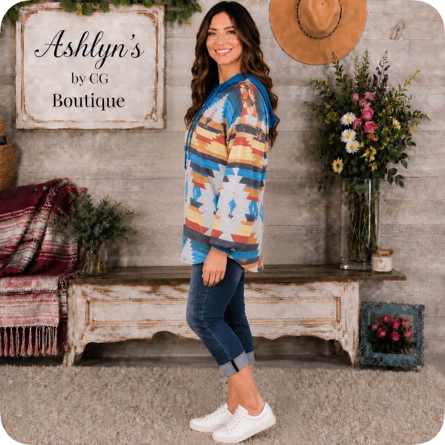 Aztec Blue Colorblock Mix Hacci Henley Hoodie-Hooded Sweater Top