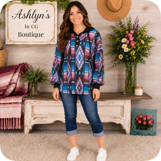 Aztec Color Block Blue Pink Hacci Henley Hoodie
