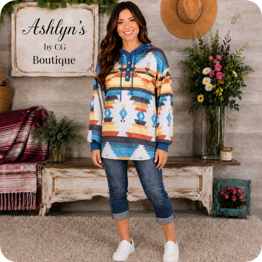 Aztec Blue Colorblock Mix Hacci Henley Hoodie-Hooded Sweater Top