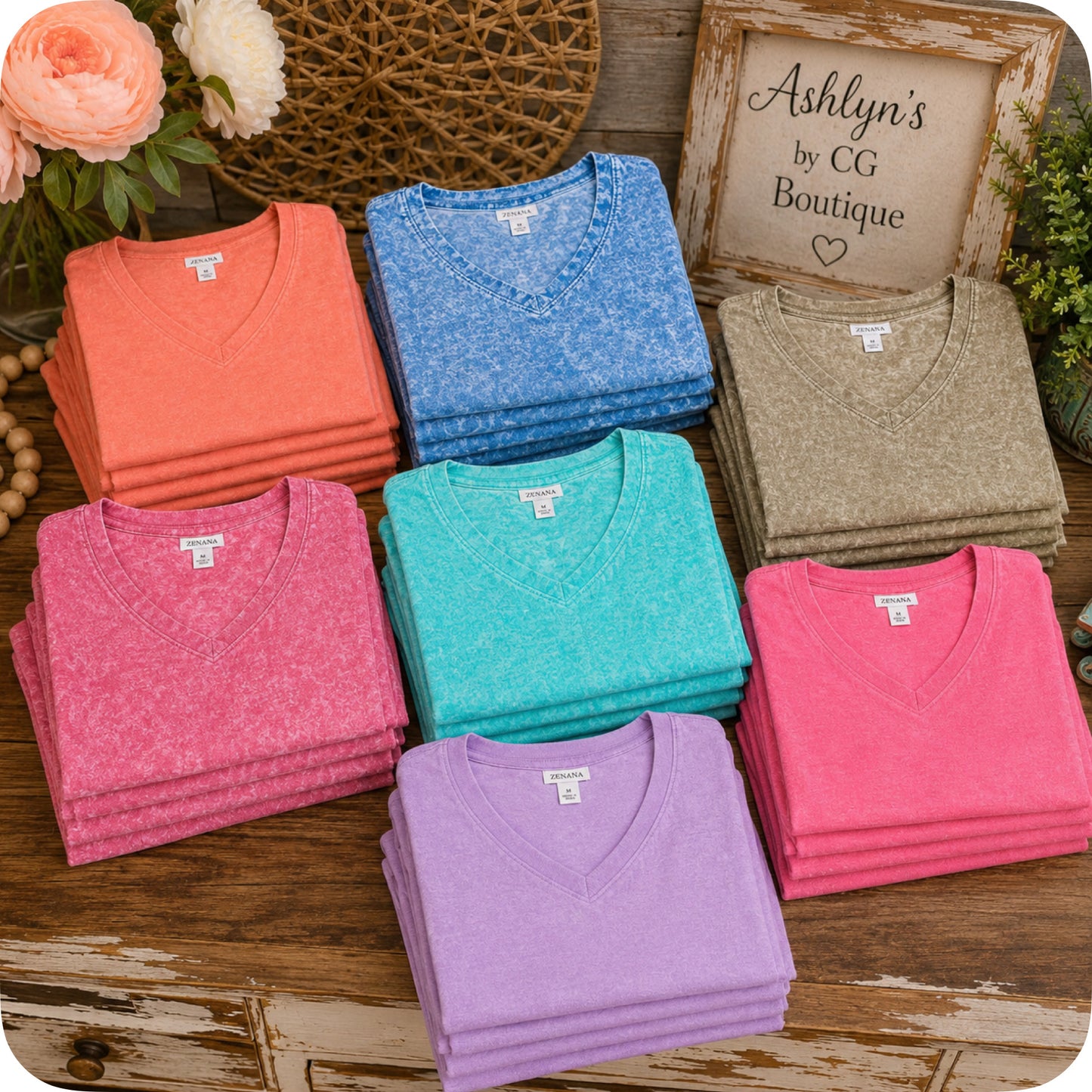 ZENANA Washed Classic V Neck Short Sleeve Tunic Top