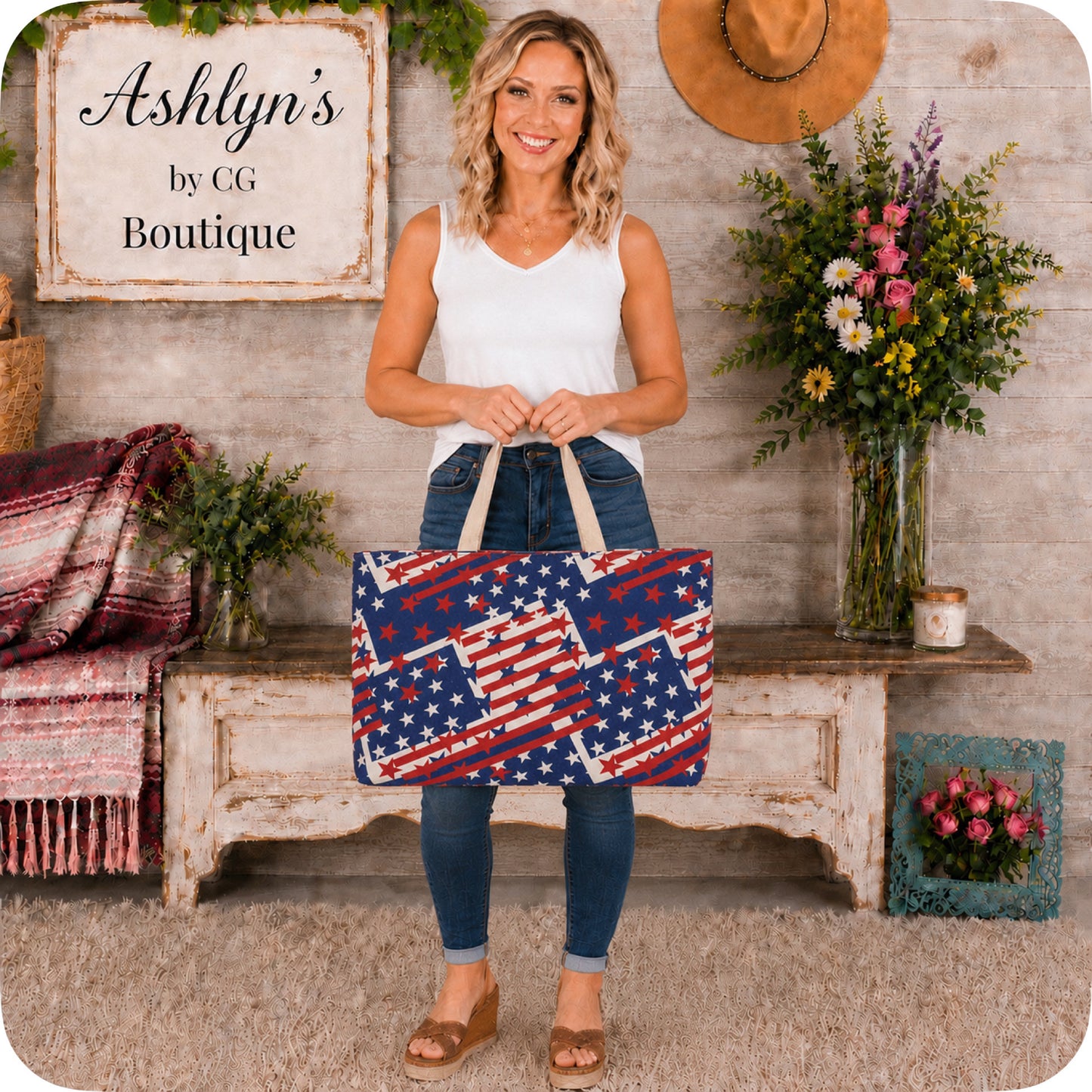 Ashlyn’s Beach Day to Any Day XL American Flag Tote Bag-Purse