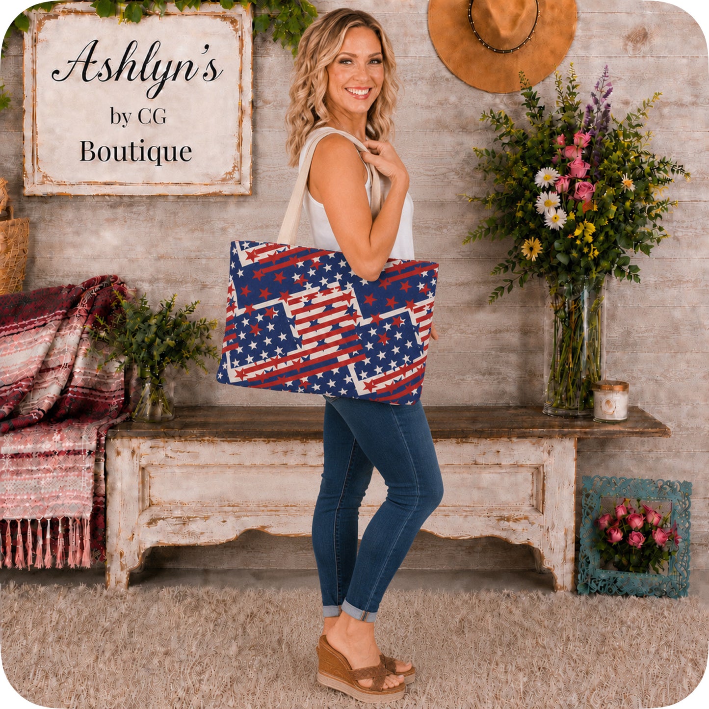 Ashlyn’s Beach Day to Any Day XL American Flag Tote Bag-Purse