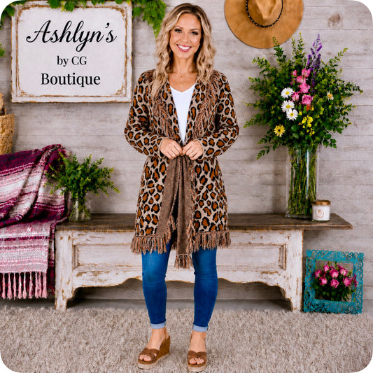 Sassy to Classy Fringe Trim Belted Leopard Cardigan