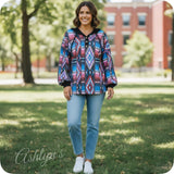 Aztec Color Block Blue Pink Hacci Henley Hoodie