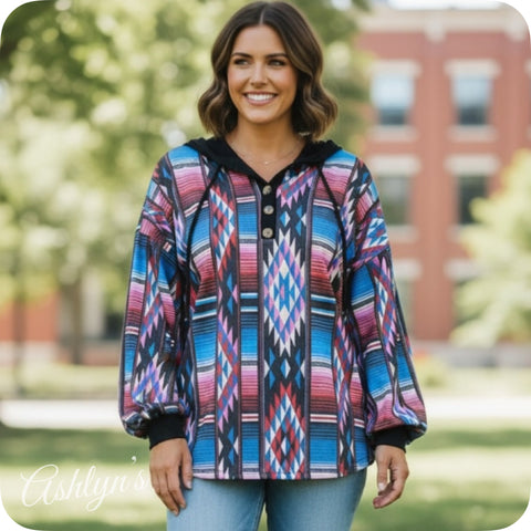 Aztec Color Block Blue Pink Hacci Henley Hoodie