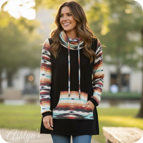Cozy Aztec Cowl Neck Kangaroo Pocket Black Sweater Top