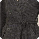 Black Plaid Waist Tie Jacket-Coat-Peacoat