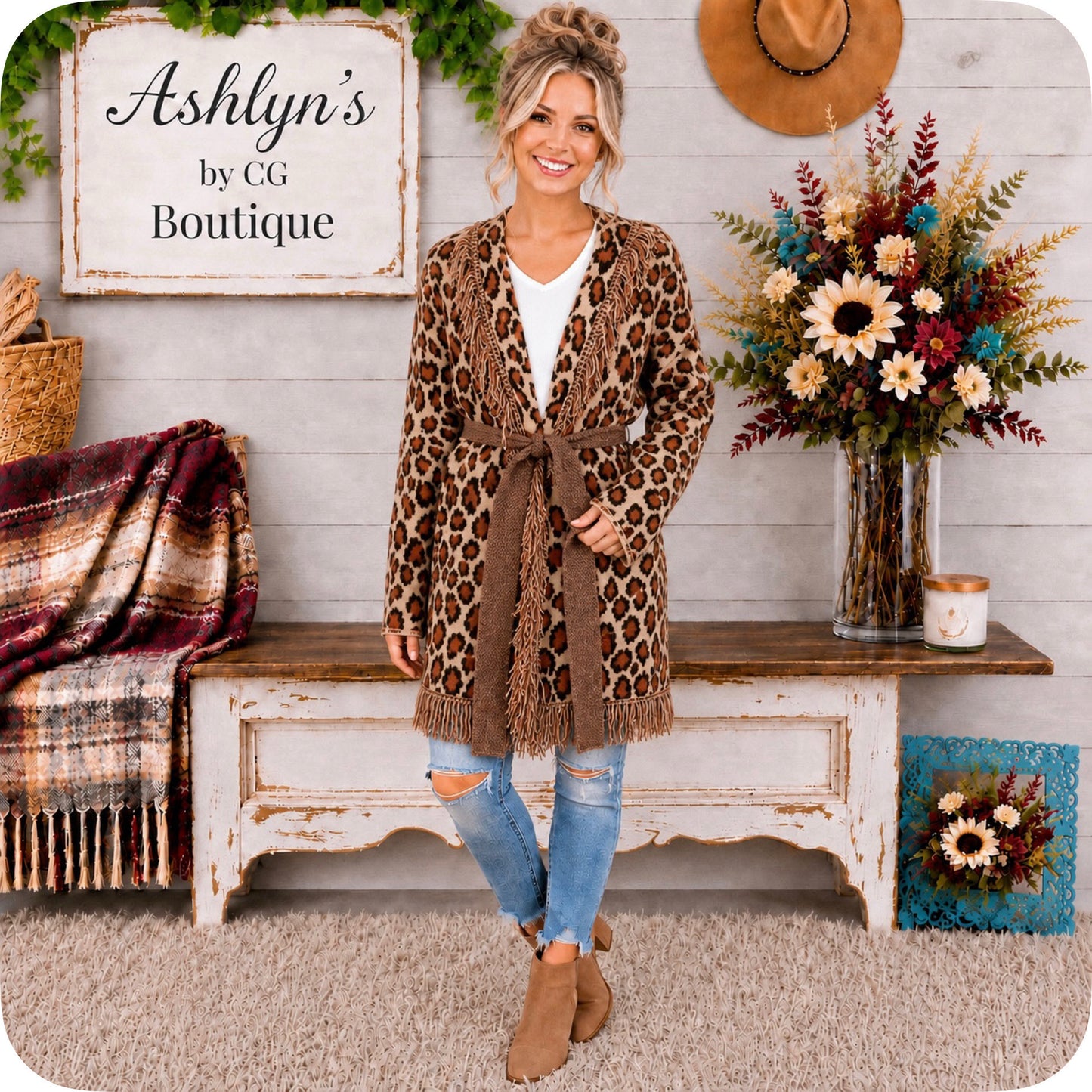 Sassy to Classy Fringe Trim Belted Leopard Cardigan