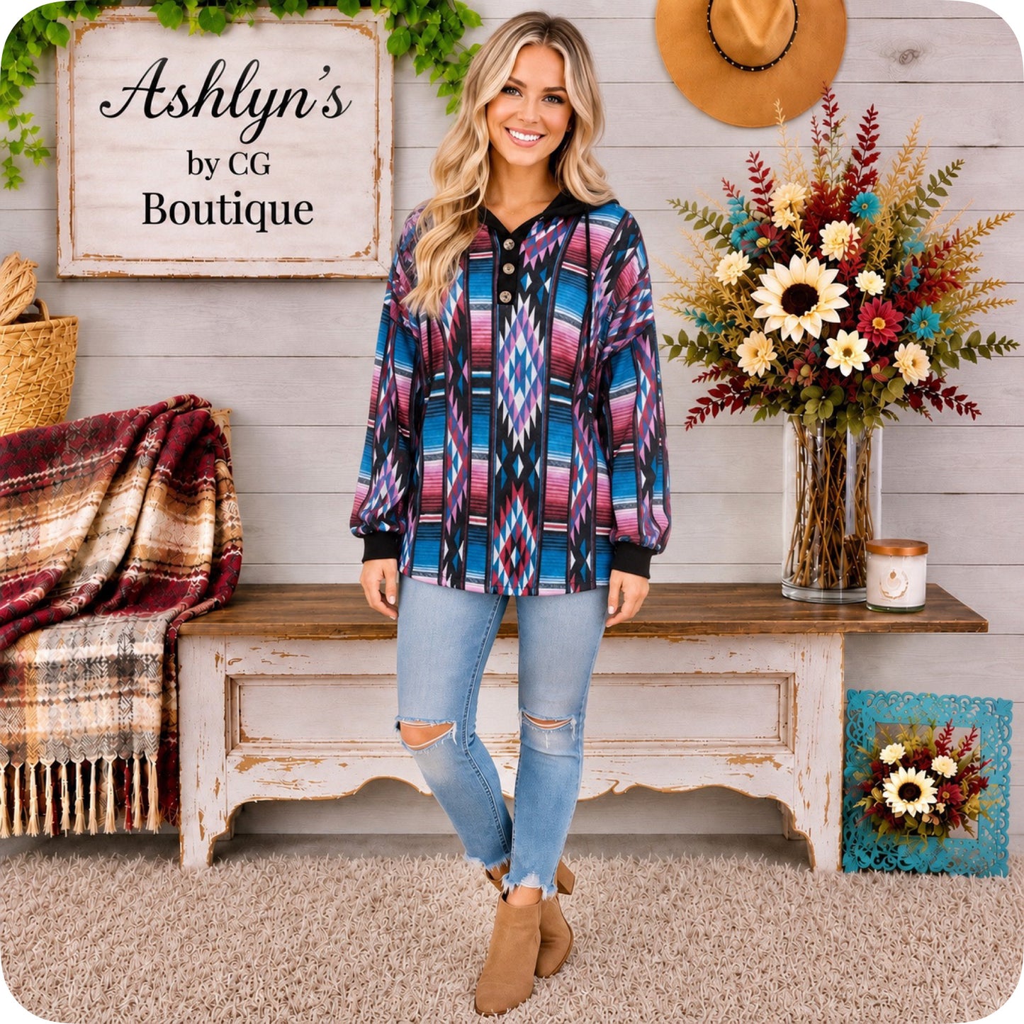 Aztec Color Block Blue Pink Hacci Henley Hoodie