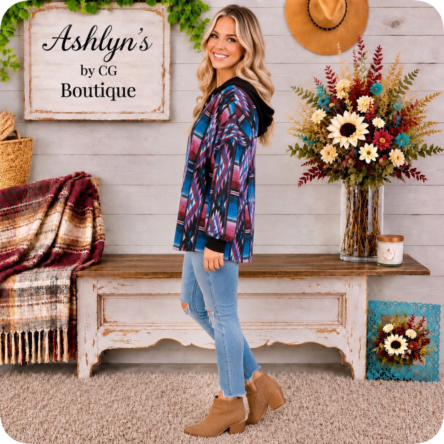 Aztec Color Block Blue Pink Hacci Henley Hoodie