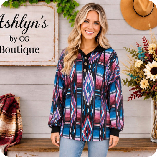 Aztec Color Block Blue Pink Hacci Henley Hoodie