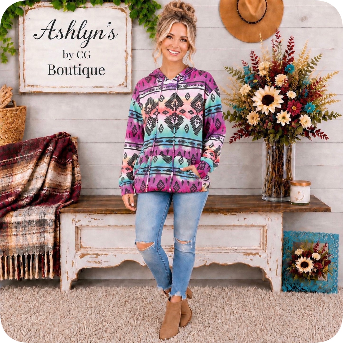 Fall Approved Jade/Magenta Aztec Print French Terry Kangaroo Pocket Hoodie-Hooded Sweater Top