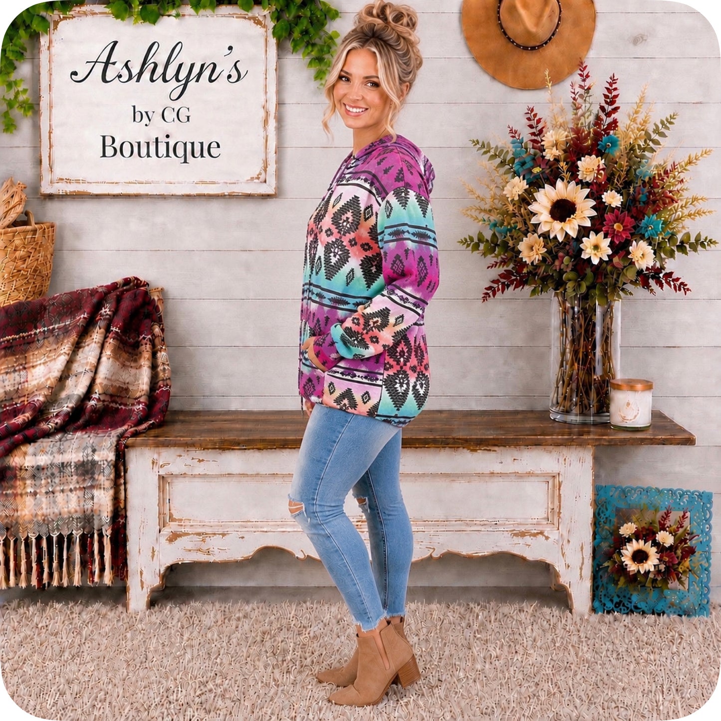 Fall Approved Jade/Magenta Aztec Print French Terry Kangaroo Pocket Hoodie-Hooded Sweater Top