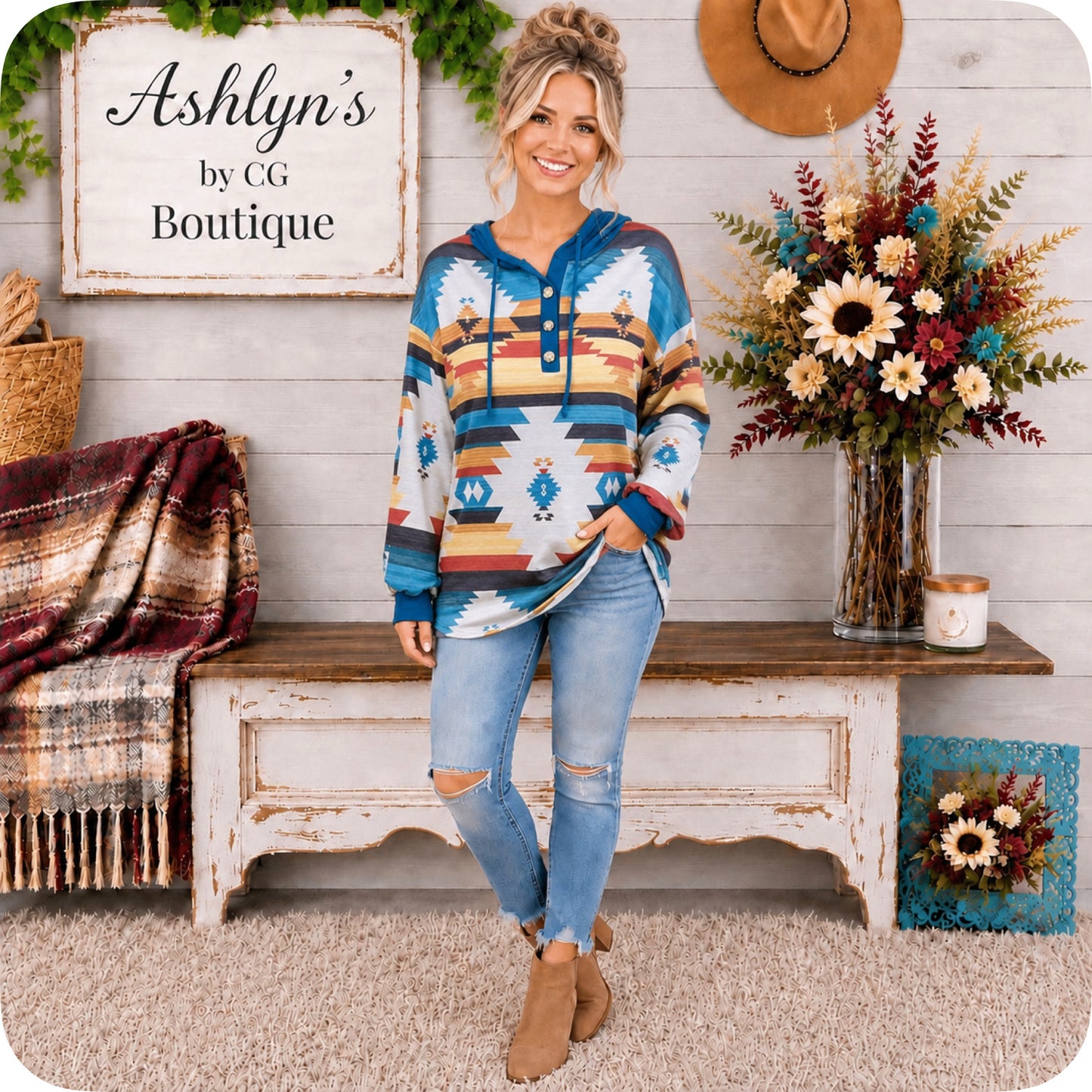 Aztec Blue Colorblock Mix Hacci Henley Hoodie-Hooded Sweater Top