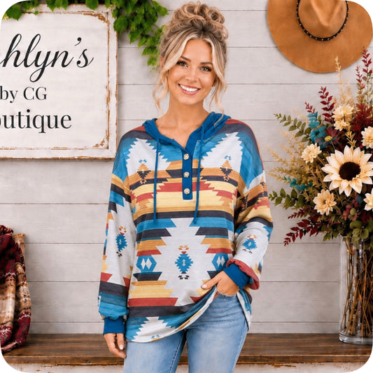Aztec Blue Colorblock Mix Hacci Henley Hoodie-Hooded Sweater Top