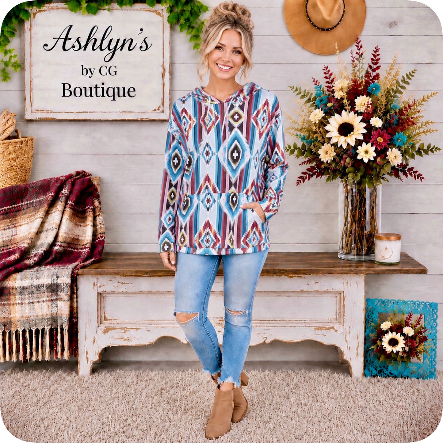 Aztec Turquoise Grey Mix Kangaroo Pocket Hooded Top-Hoodie