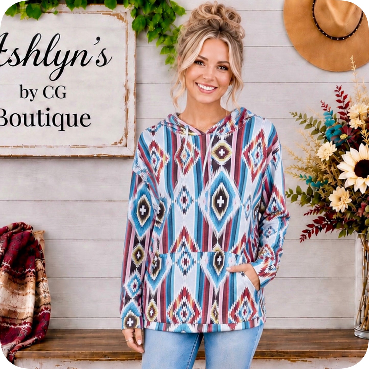 Aztec Turquoise Grey Mix Kangaroo Pocket Hooded Top-Hoodie