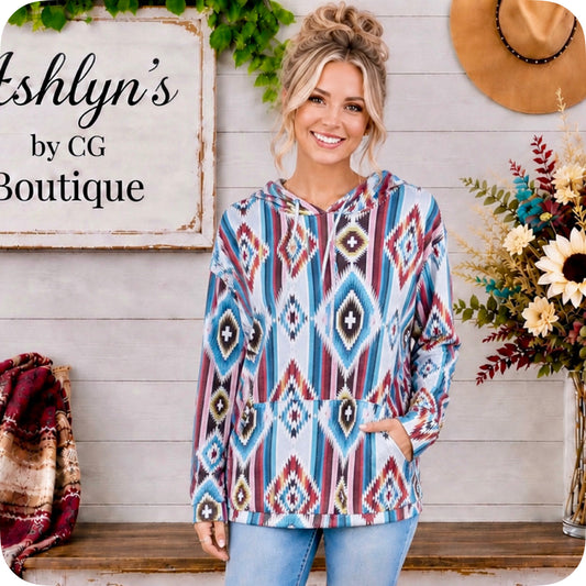 Aztec Turquoise Grey Mix Kangaroo Pocket Hooded Top-Hoodie