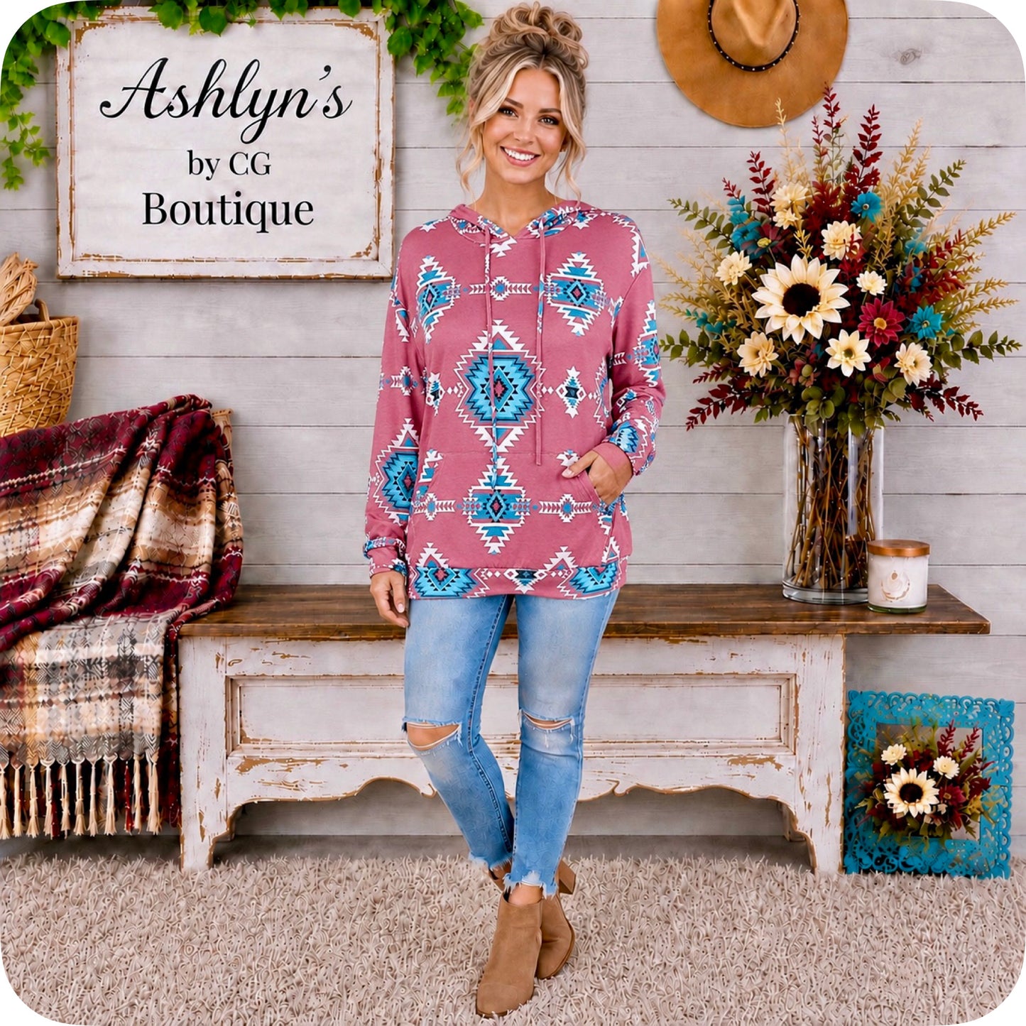 Ashlyn’s Mauve Turquoise Aztec Print Ultra Soft Hoodie-Pullover