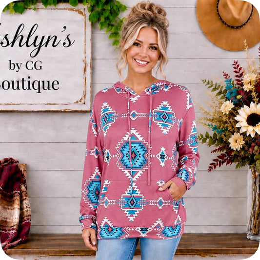 Ashlyn’s Mauve Turquoise Aztec Print Ultra Soft Hoodie-Pullover