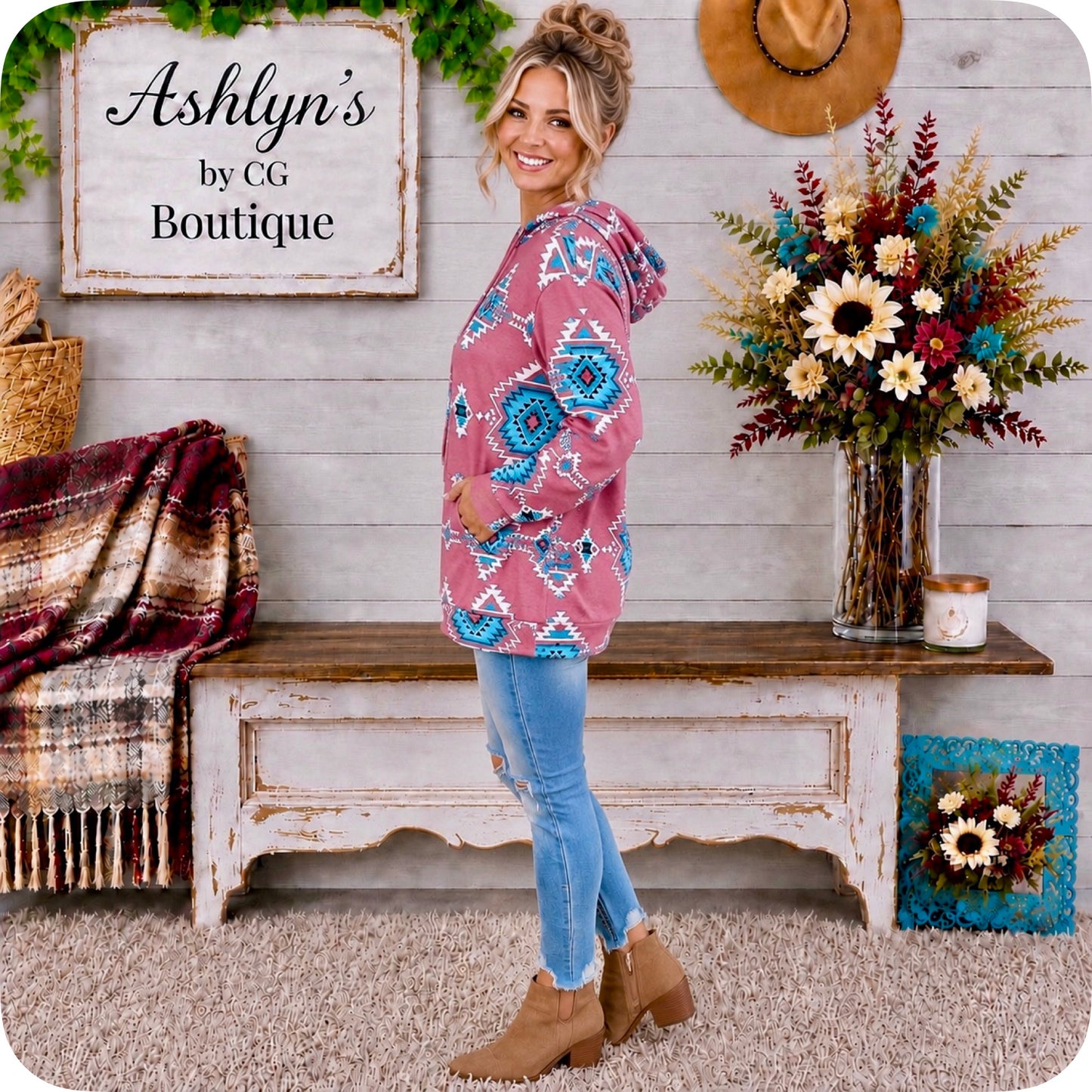 Ashlyn’s Mauve Turquoise Aztec Print Ultra Soft Hoodie-Pullover