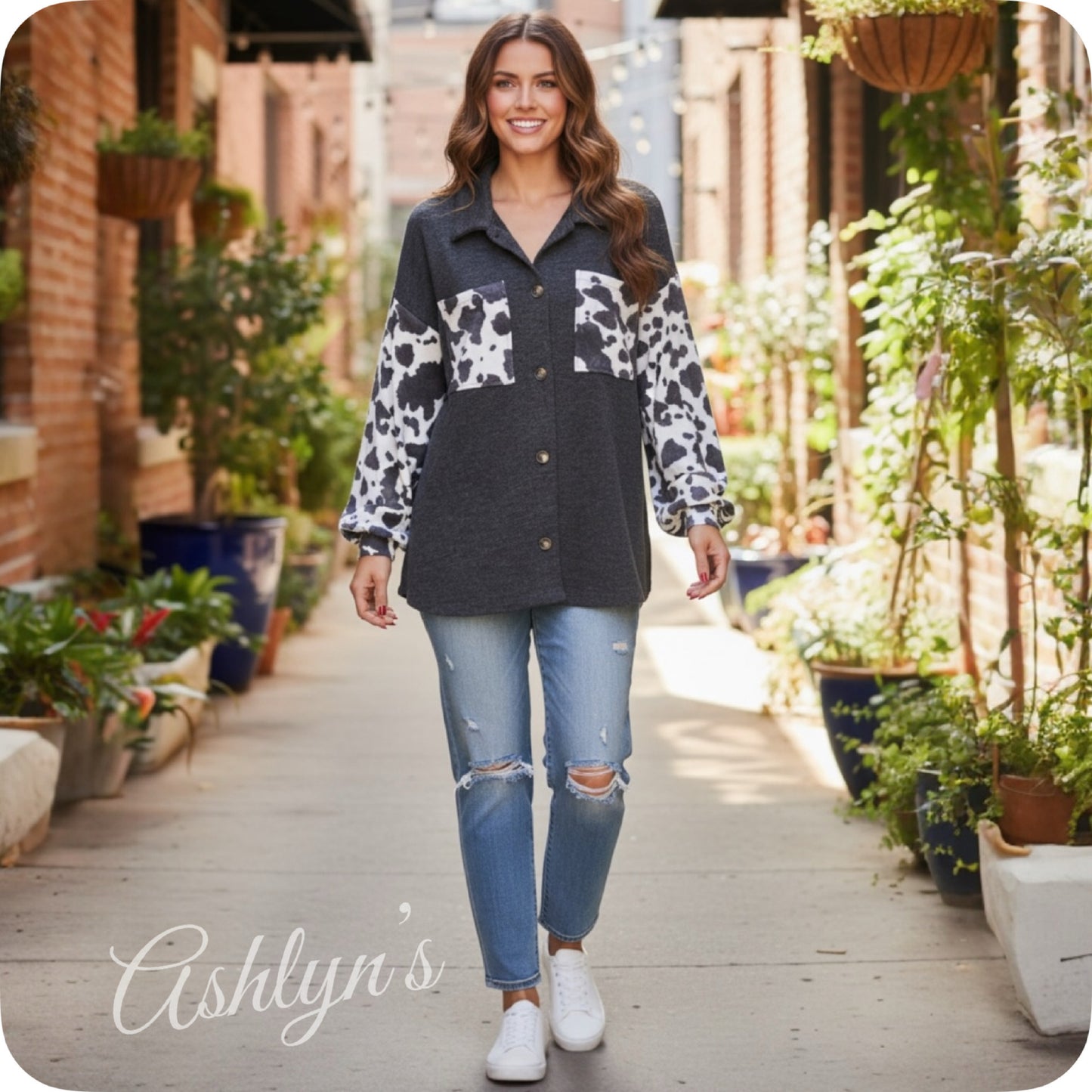 Cozy Lorry Charcoal Cow Print Detail Top-Shacket