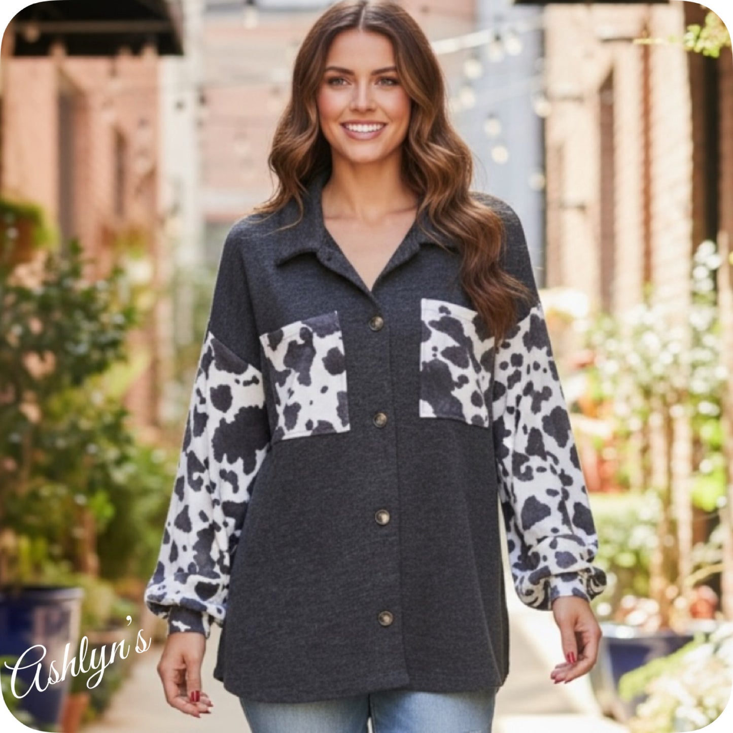 Cozy Lorry Charcoal Cow Print Detail Top-Shacket