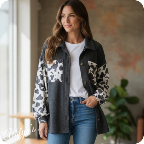 Cozy Lorry Charcoal Cow Print Detail Top-Shacket