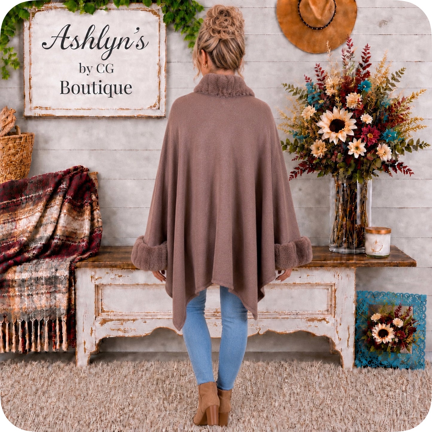 Classy Plush Faux Fur Trim Mocha Cape-Coat-Poncho-Wrap