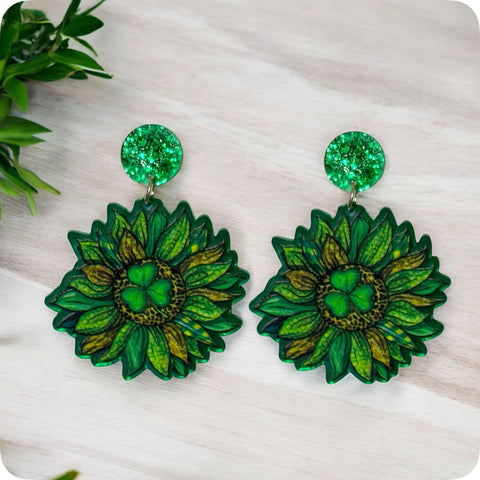 Adorable Sunflower Shamrock Earrings-St Patrick's Day- Clover