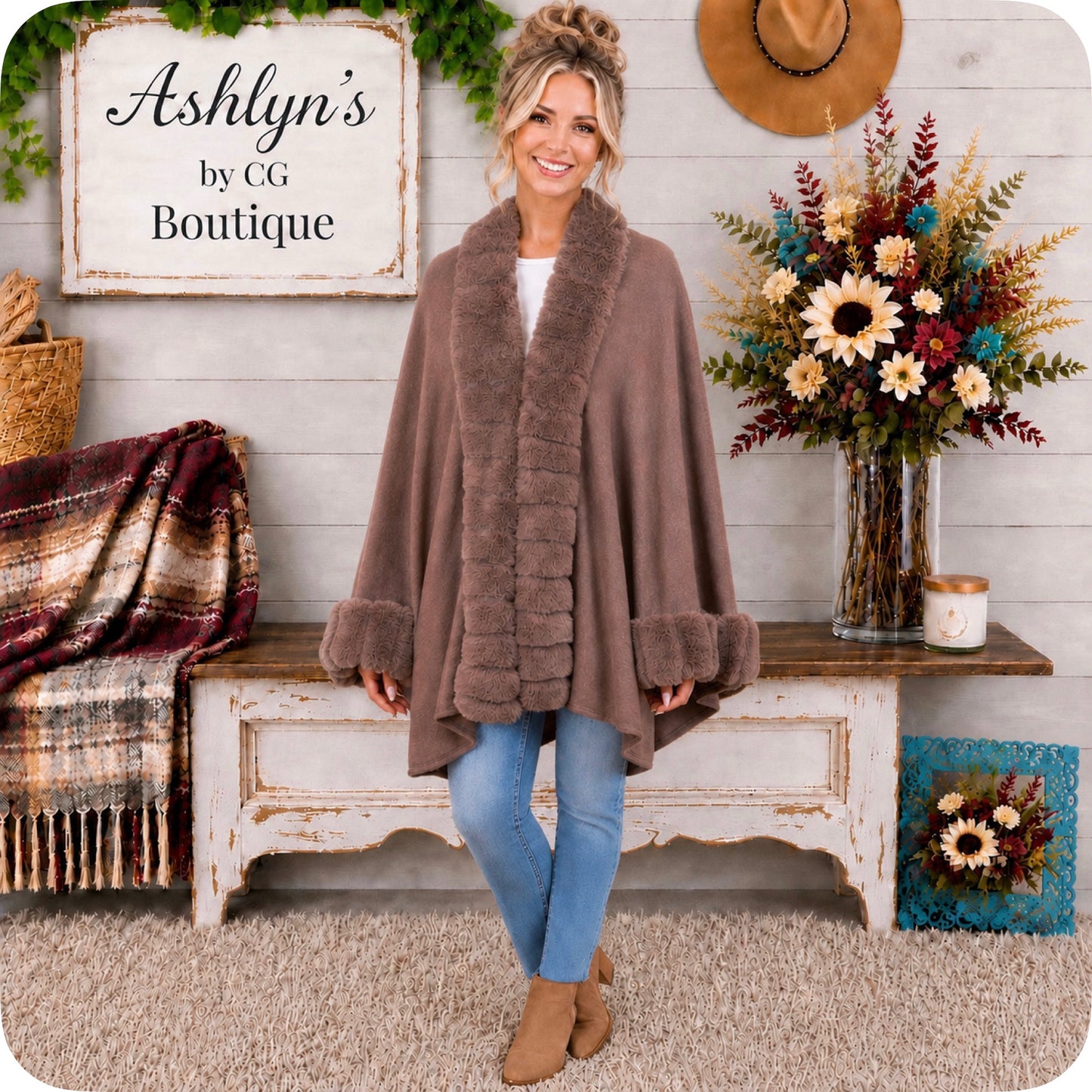Classy Plush Faux Fur Trim Mocha Cape-Coat-Poncho-Wrap