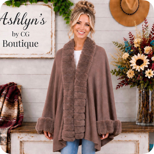 Classy Plush Faux Fur Trim Mocha Cape-Coat-Poncho-Wrap