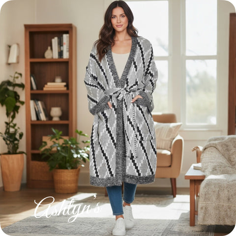 Casually Classy Diamond Pattern Tie Waist Cardigan-Kimono