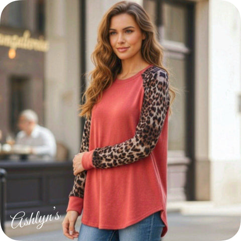 Ashlyn’s Rust Leopard Long Sleeve Raglan Top- Women’s Tunic