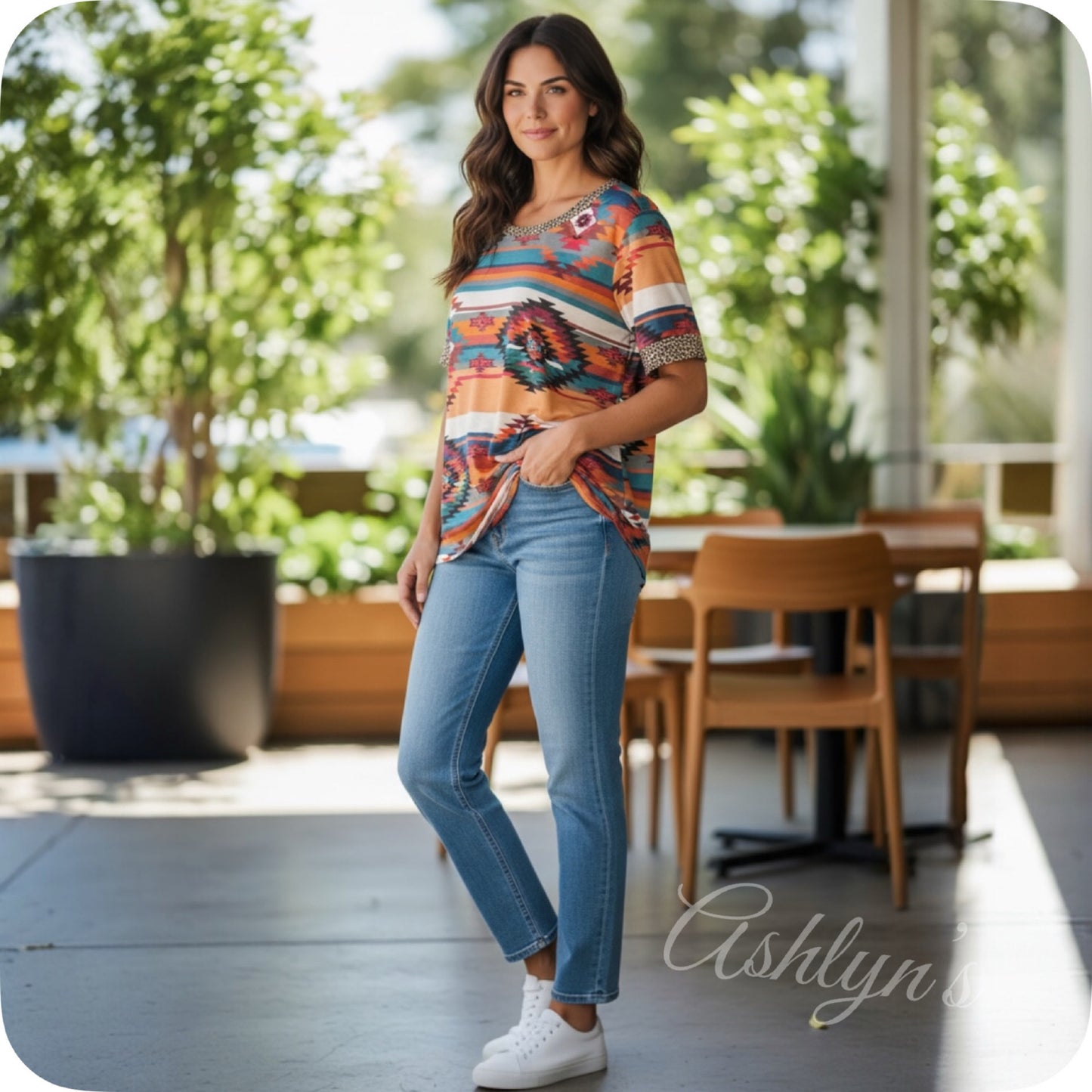 Ashlyn’s Casually Cute Classic Aztec Print Animal Print Trim Tunic Top