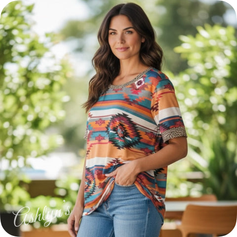 Ashlyn’s Casually Cute Classic Aztec Print Animal Print Trim Tunic Top