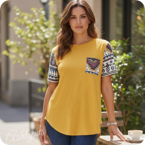 Ashlyn’s Aztec Mustard Raglan-Tunic Top