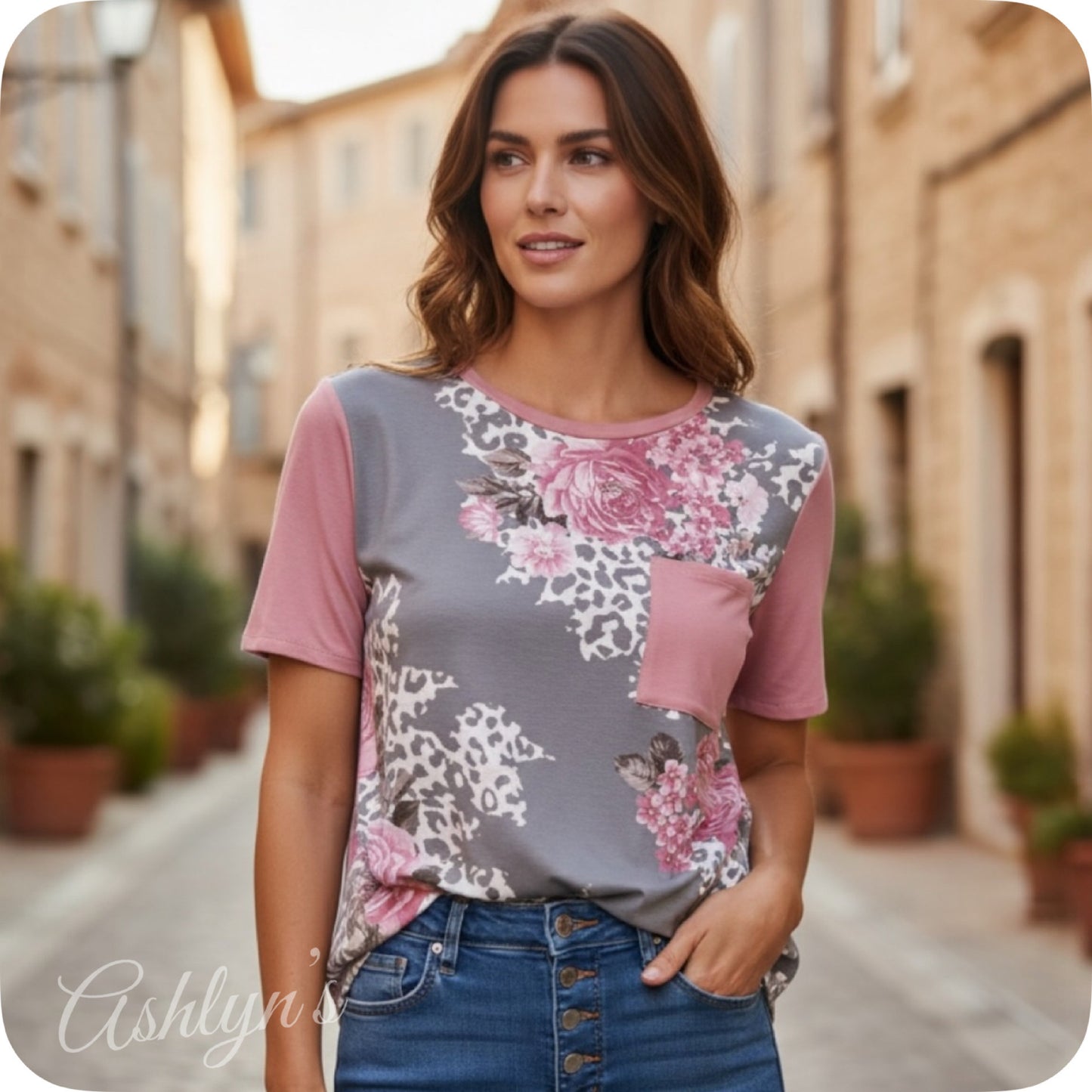 Floral Animal Print Gray Pink Ashlyn Tunic Top