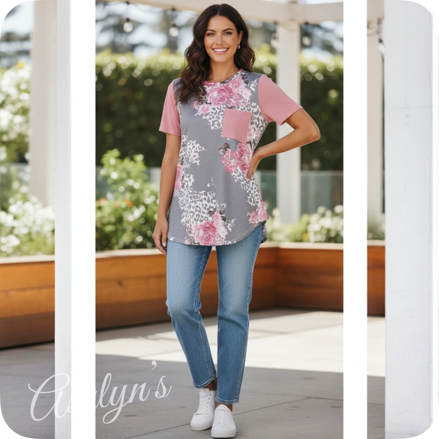 Floral Animal Print Gray Pink Ashlyn Tunic Top