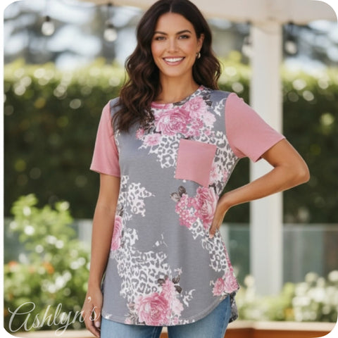 Floral Animal Print Gray Pink Ashlyn Tunic Top