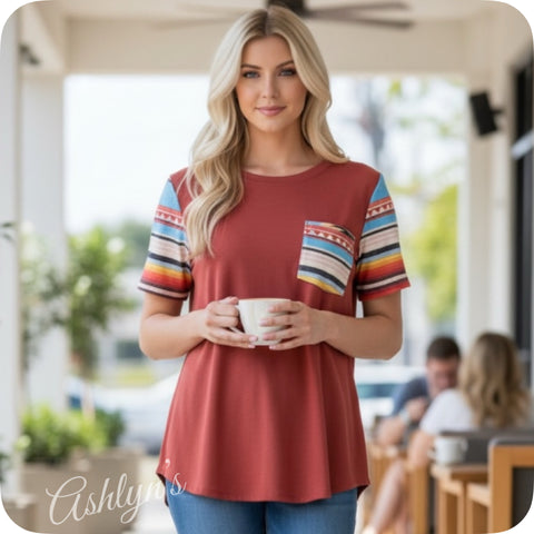 Ashlyn’s Serape Aztec Brick Raglan-Tunic Top
