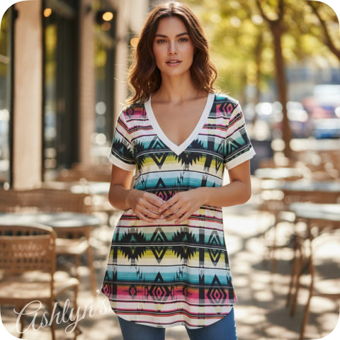 Colorful Aztec V Neck Tunic Top